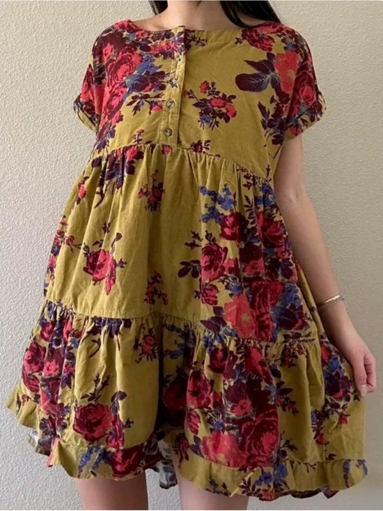 Free People Dresses & Skirts - Free People Harper Corduroy Floral Flowy Tiered Short Sleeve Mini Dress M